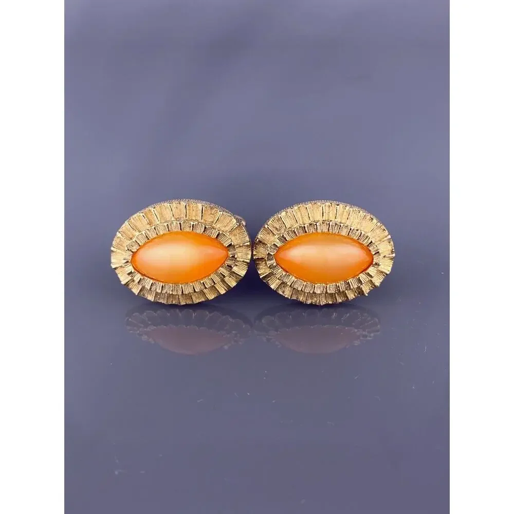 Orange Cabochon Cats Eye Cufflinks Gold Tone Mid Century Modernist Vintage